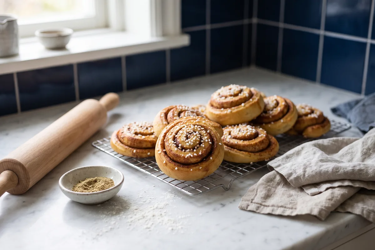 Nybakade kanelbullar på ett galler bredvid en kavel