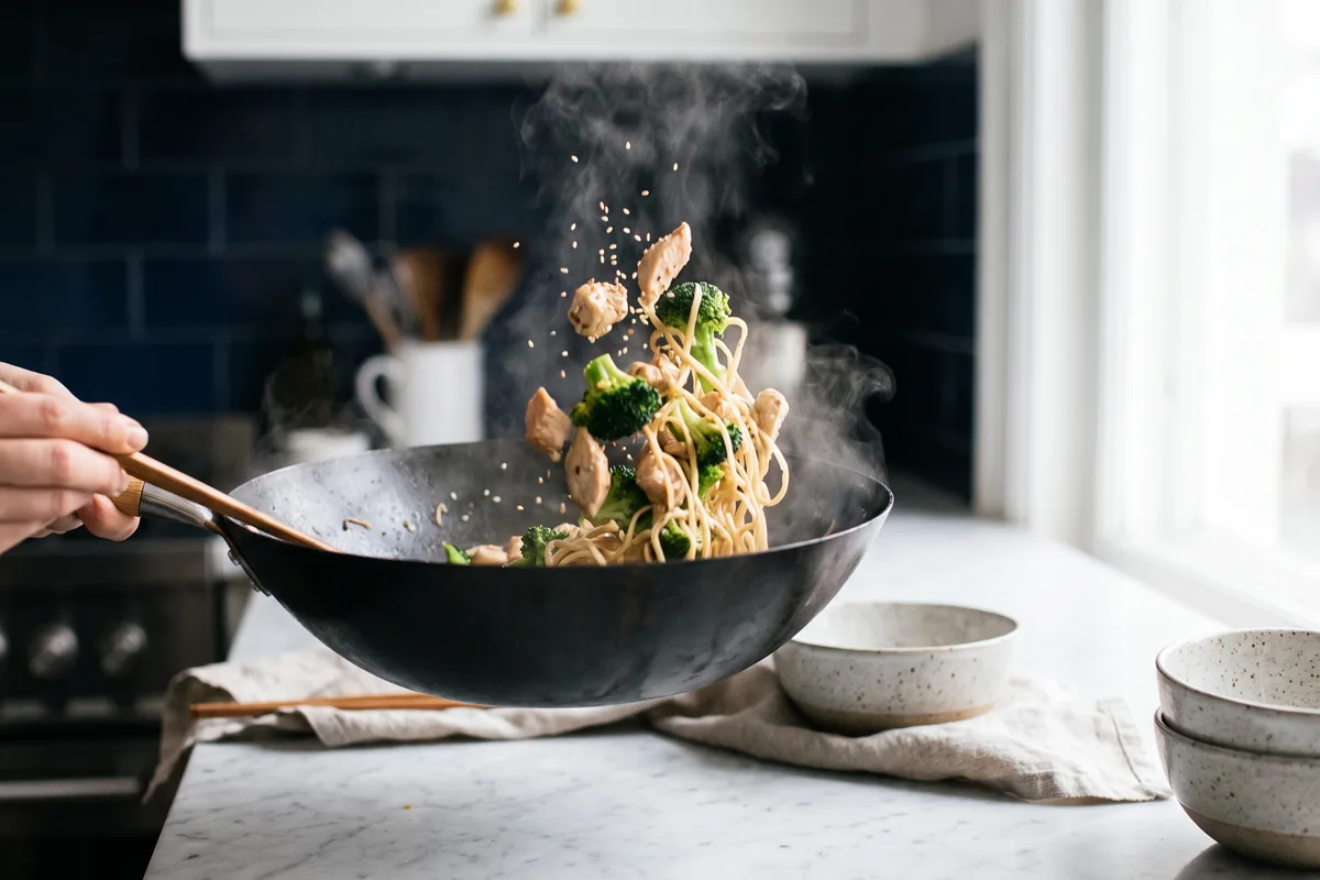 Grönsaker och nudlar som vänds i en wok